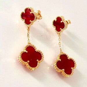 Red Carnelian Quatrefoil Clover Drop Gold Earrings